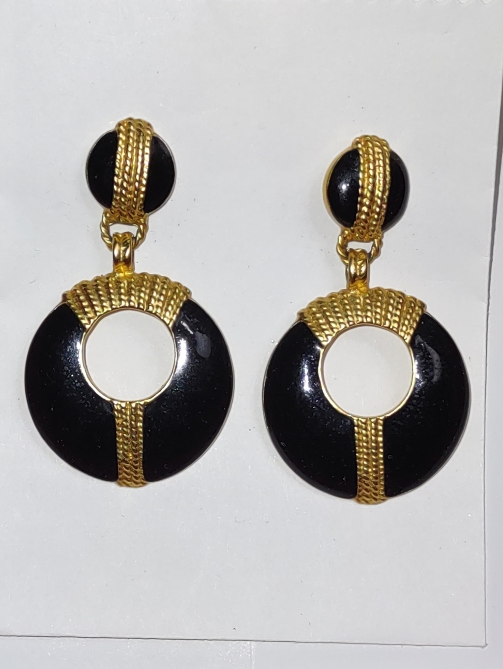 Black Enamel Loop Earrings with Gold Accents Vintage Pierced